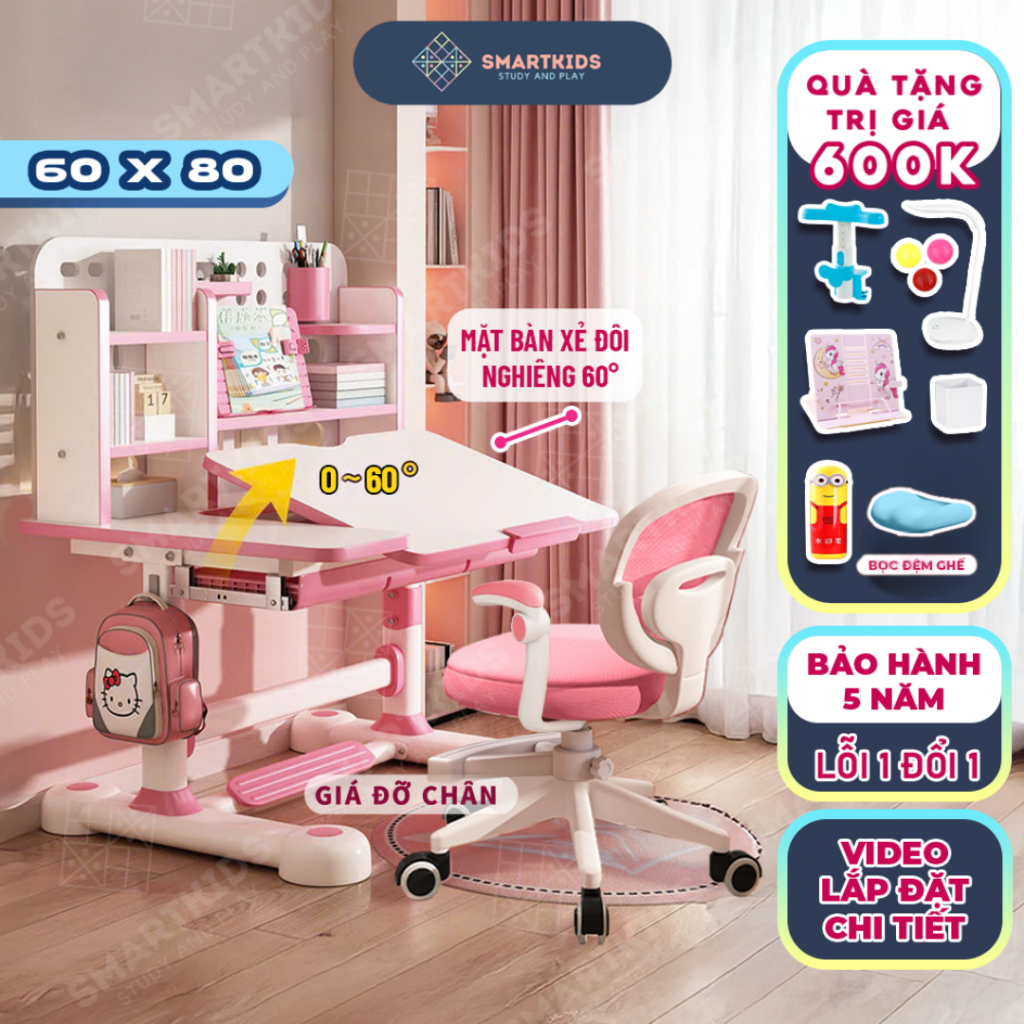 Bộ Bàn học thông minh E09 ghế xoay 360 độ, mặt bàn nghiêng 60 độ , kèm quà