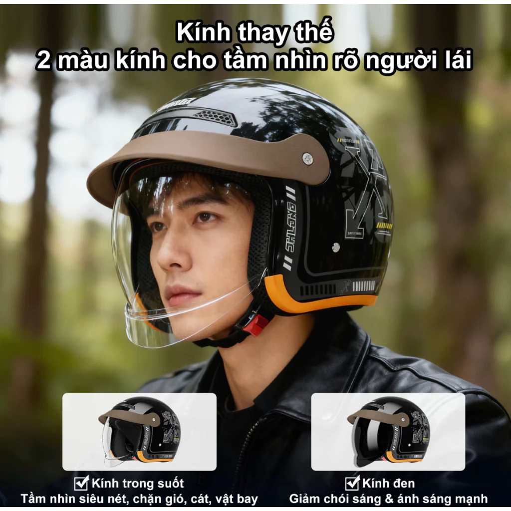 🔥Bán chạy🔥 Mũ bảo hiểm MASONTEX 4/3 nửa đầu vỏ ABS kính gập tiện lợi phong cách biker nam nữ xe máy xe điện