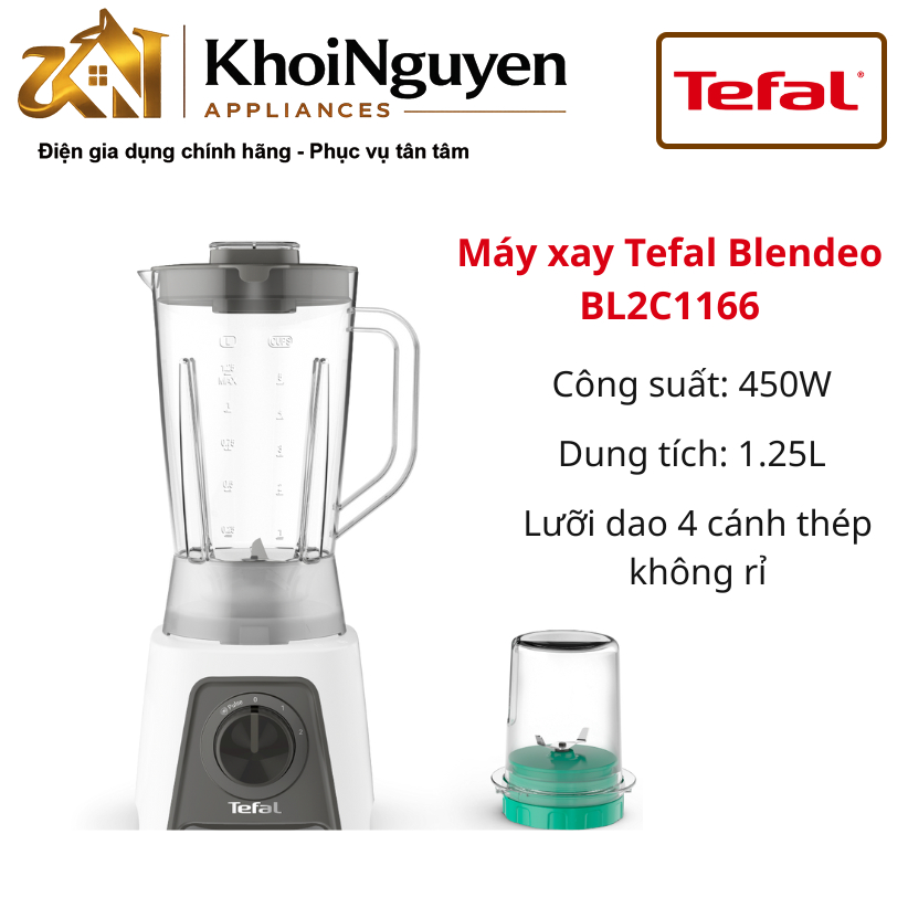 Máy xay sinh tố Tefal Blendeo+ BL2C1166 450W – Cối 1.25L, 2 cối, 2 tốc độ + nhồi, lưỡi 4 cánh inox