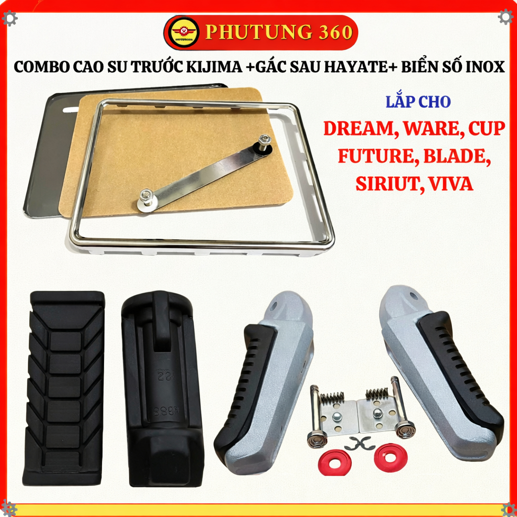 Combo Ốp Biển Số Inox Cao Su Kijima Và Gác Chân Sau Hayate Cho Xe Dream Wave Future Sirius Phụ Kiện Xe Máy Cao Cấp