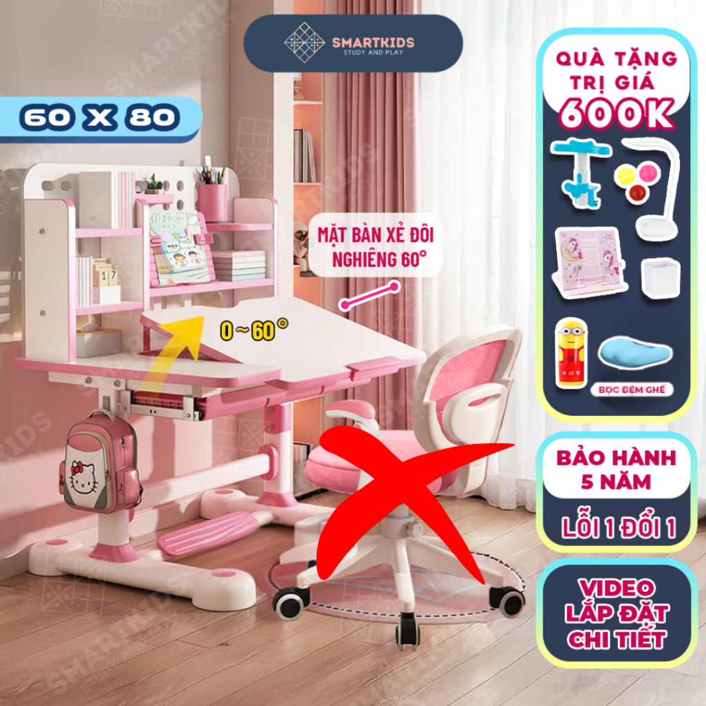 Lẻ bàn học thông minh E09 Smart Kids ghế xoay 360 độ, mặt bàn nghiêng 60 độ nâng hạ độ cao, kèm nhiề