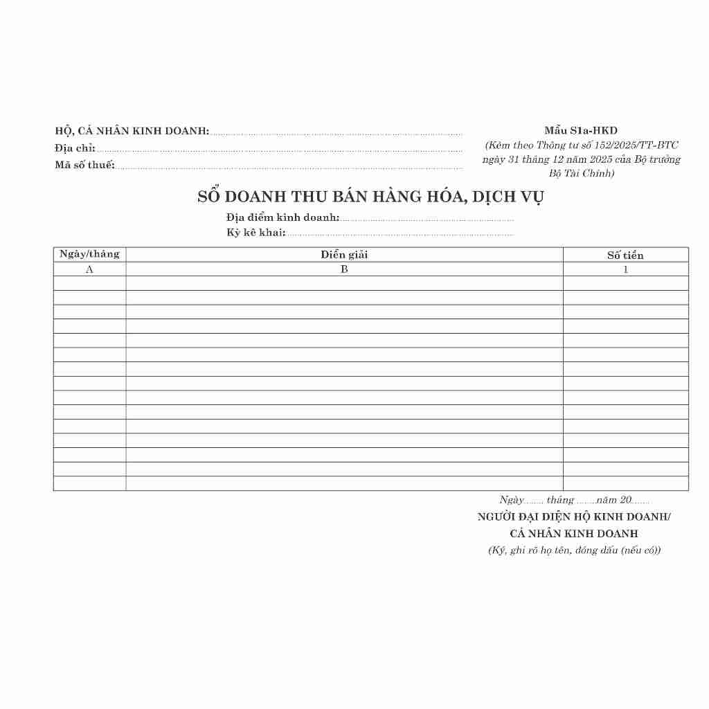 (Mẫu S1a-HKD) Sổ chi tiết doanh thu hàng hóa, dịch vụ HKD theo chế độ kế toán