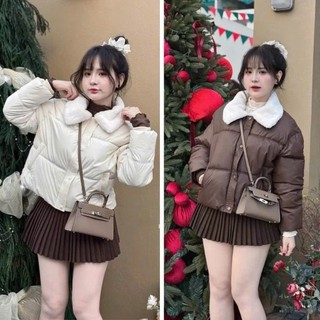Áo khoác phao nữ chất da cổ lông áo phao nữ dáng ngắn tay bo chun có dây rút ở dưới áo phao béo mùa đông 3 lớp siêu ấm