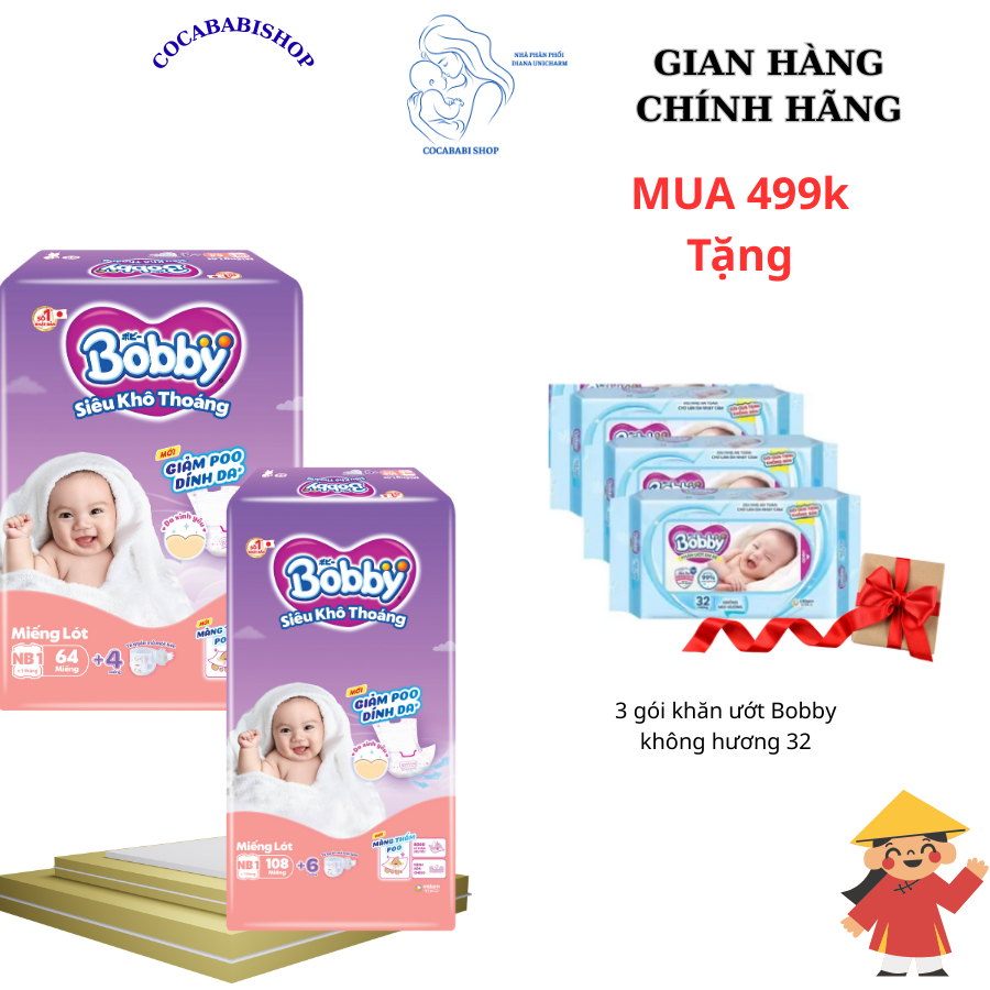 (MUA 499k TẶNG 3 GÓI KU BOBBY) Miếng lót sơ sinh Bobby NB1 108 và NB64 miếng