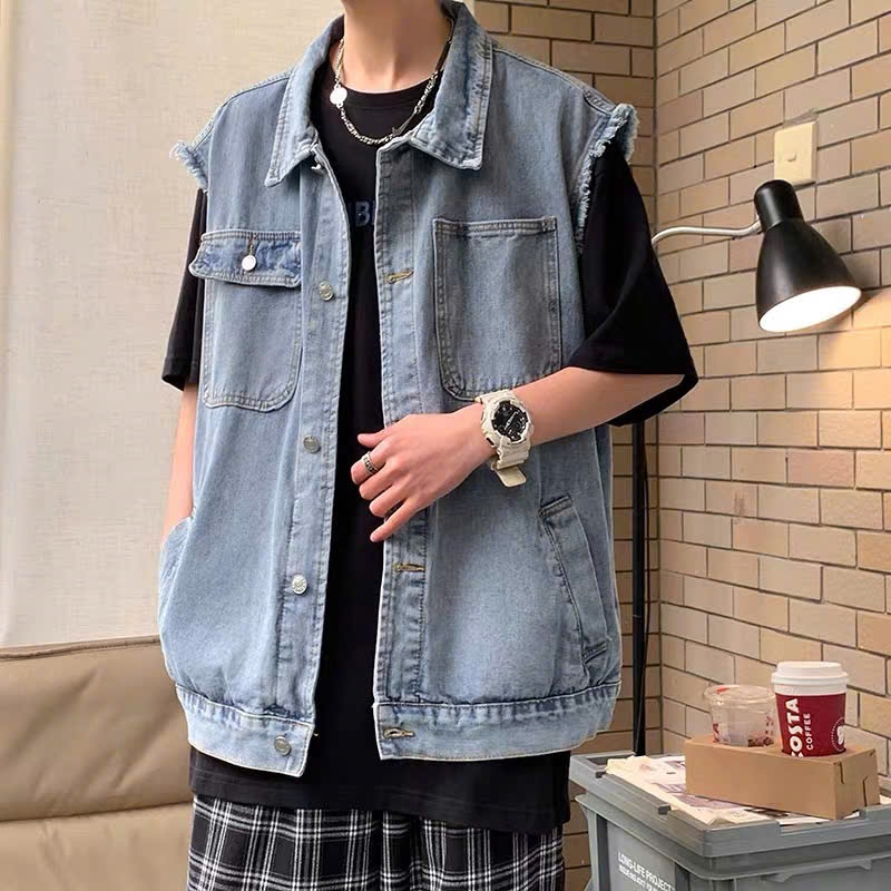 Áo jean gile nam form rộng, áo ghi lê nam kiểu vest jean dáng rộng phong cách hiphop Hàn Quốc 8002