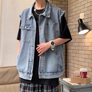 Áo jean gile nam form rộng, áo ghi lê nam kiểu vest jean dáng rộng phong cách hiphop Hàn Quốc 8002