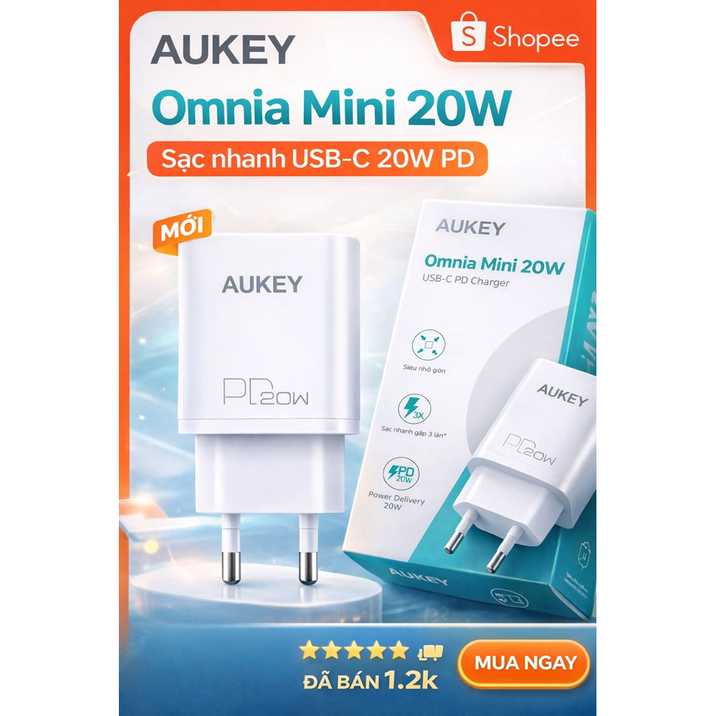 Adapter Sạc Aukey 20W PA-B2, Cốc sạc nhanh Aukey 20W cho IP và tất cả điện thoại hiện nay đầu Type C
