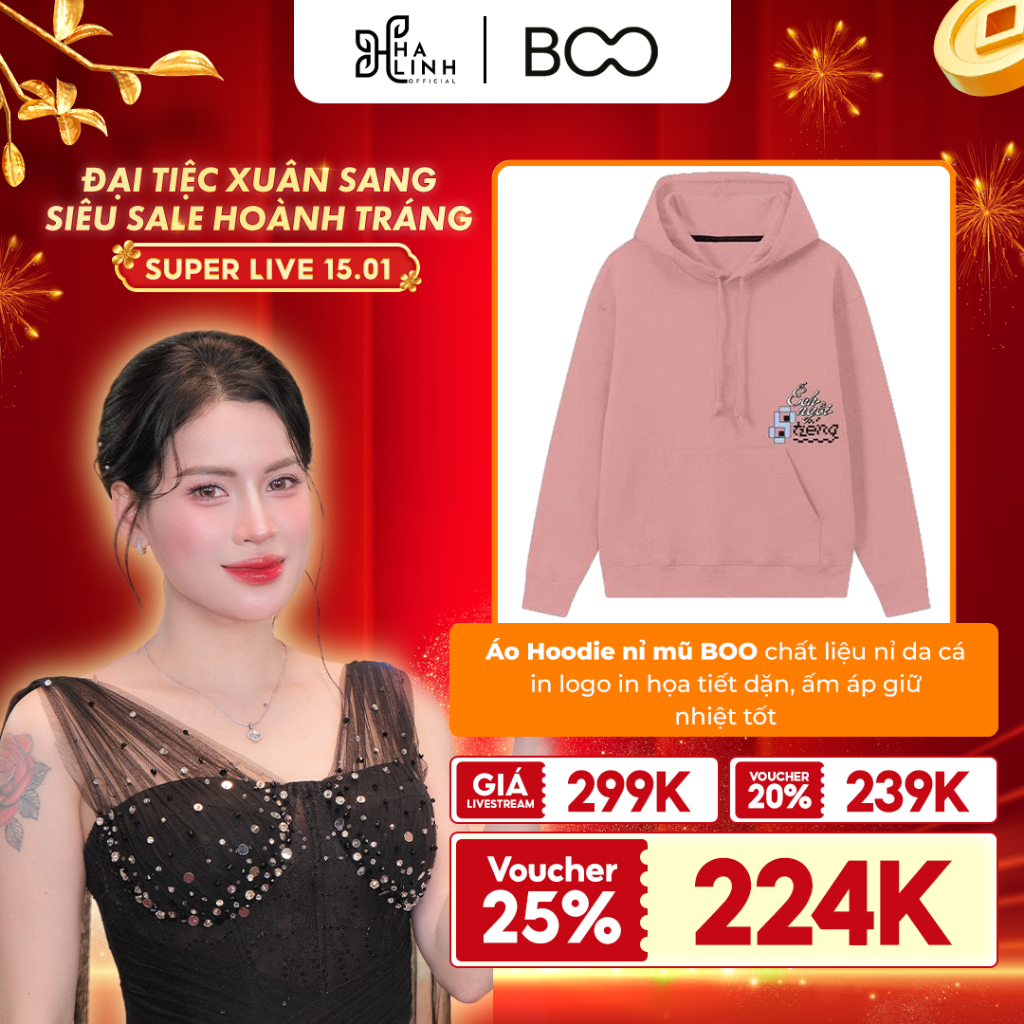 [BOO x Võ Hà Linh] Áo Hoodie Nỉ Mũ BOO Chất Liệu Nỉ Da Cá In Logo In Họa Tiết  Dặn, Ấm Áp Giữ Nhiệt 