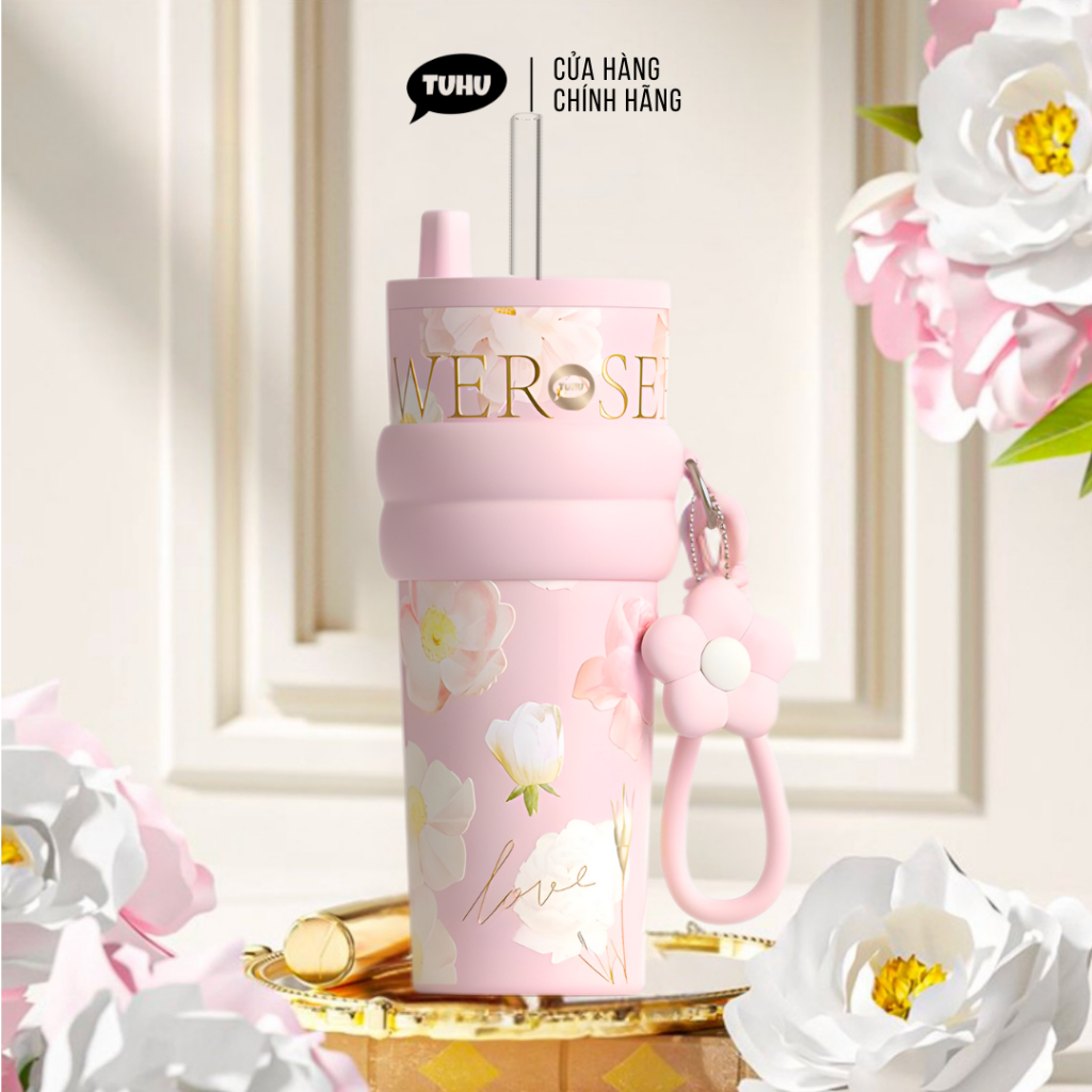 Ly giữ nhiệt FLOWER SERIES 710ml inox 316 lót gốm có ống hút, ly giữ nhiệt kiểu dáng hiện đại có quai xách - TUHUHOUSE