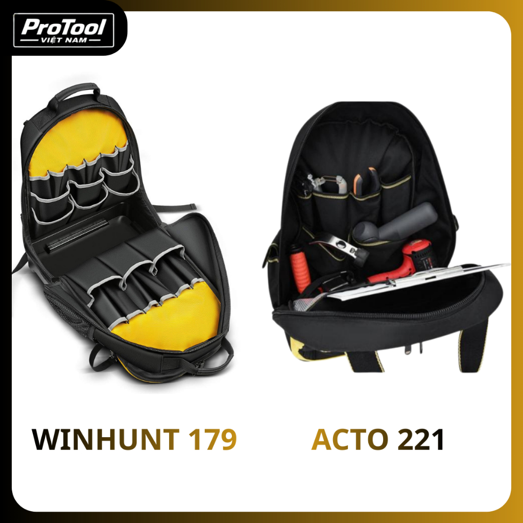 Balo đựng đồ nghề WINHUNT 179 & ACTO 221 – Balo kỹ thuật đế nhựa chống nước, ngăn laptop, vải Oxford