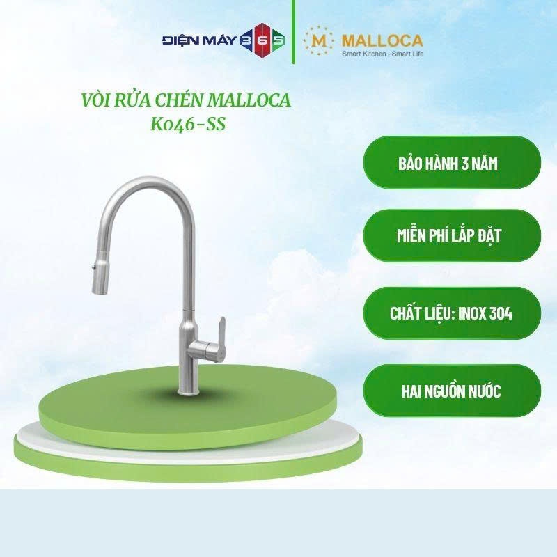 Malloca K046-SS – Vòi rửa chén dây rút nóng lạnh – Inox 304 cao cấp – Thiết kế hiện đại tiện lợi