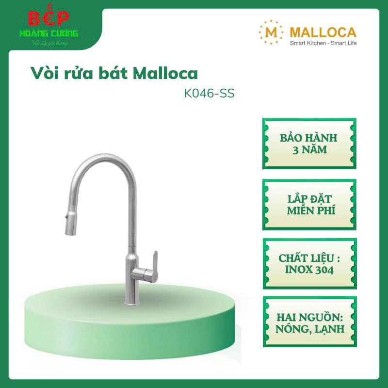 Malloca K046-SS – Vòi rửa chén dây rút – Inox 304 – Nóng lạnh – Thiết kế hiện đại sang trọng