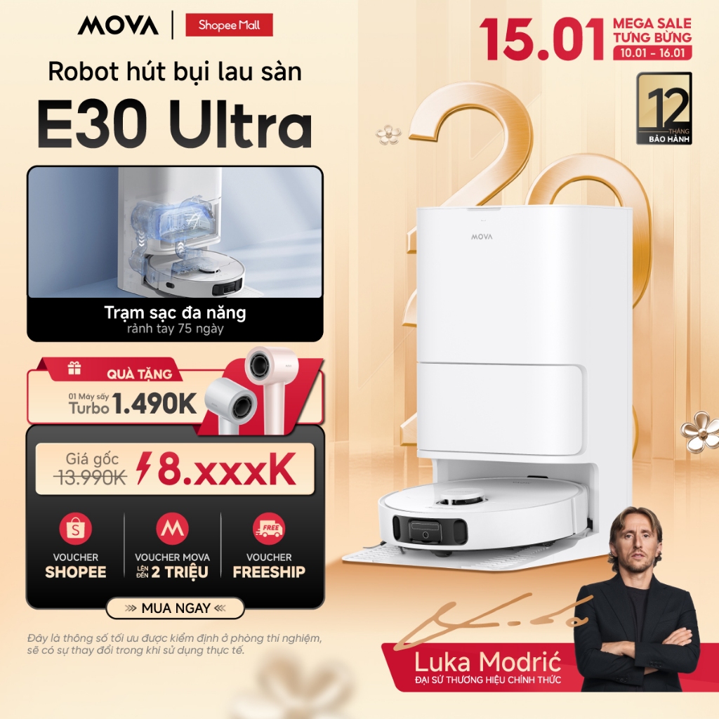 Mova E30 Ultra Robot hút bụi thông minh | Lực hút 7000Pa  | giặt và sấy giẻ lau tự động | BH 12 thán