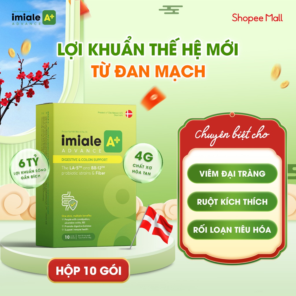 Lợi khuẩn sống, gắn đích IMIALE A+ Đan Mạch, hộp 10 gói hỗ trợ tiêu hóa, đại tràng, táo bón, tiêu ch