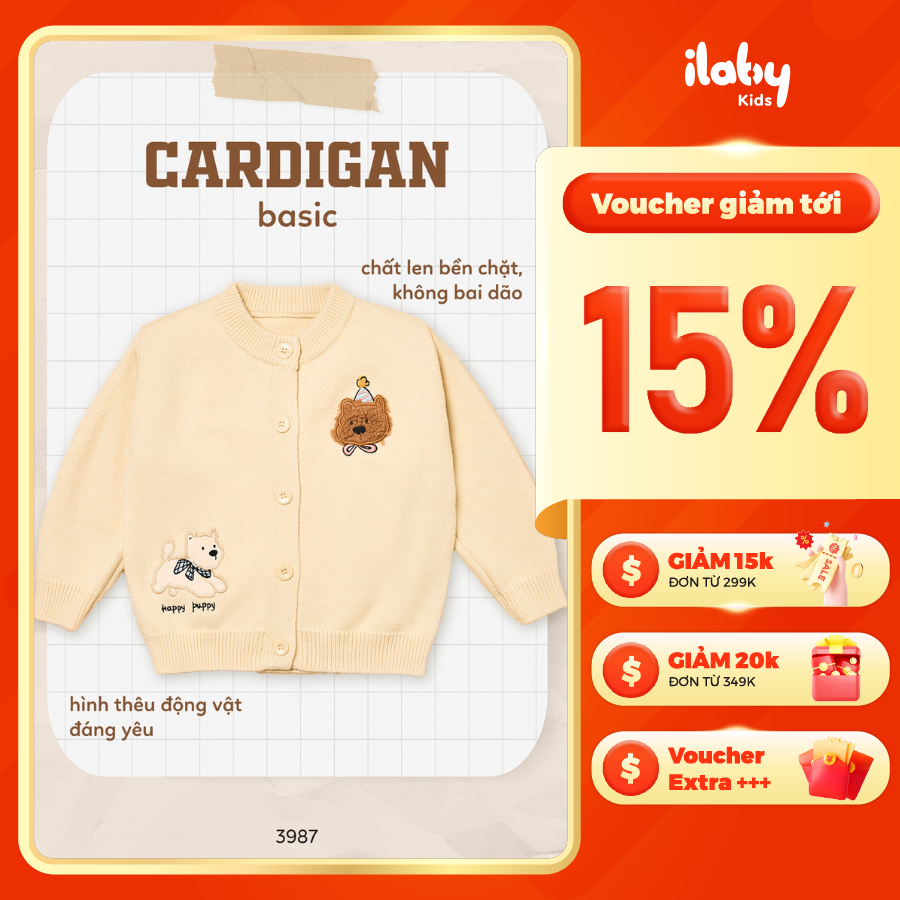 [ILABY HCM] Áo khoác len cardigan cho bé áo len dáng cổ tròn basic thêu hình thú chất liệu sợi len d