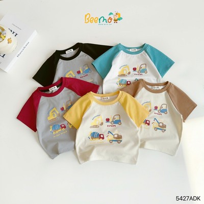 Áo thun cộc tay Beemo phối tay raglan in hình ô tô vải cotton cho bé trai mặc mùa hè từ 9-24kg 5427AHK