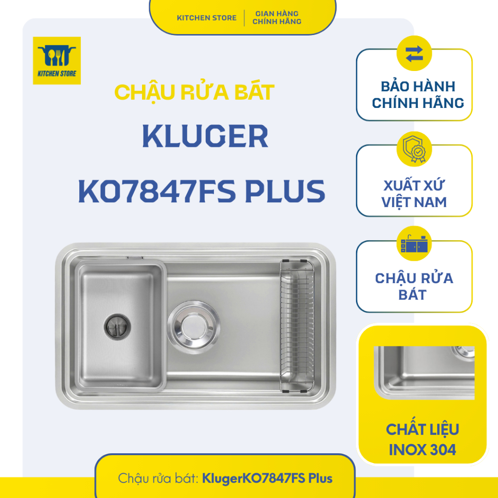 Chậu Rửa Bát Kluger KO7847FS Plus – Inox 304, Chậu 2 Hố, Lòng Sâu