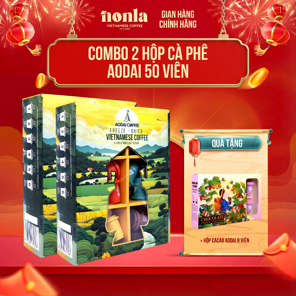 [ Tặng 1 Hộp 8 Viên Cacao ] Combo 2 Hộp 50 Viên Cà Phê Hòa Tan Sấy Thăng Hoa AODAI COFFEE 6 Cấp Độ