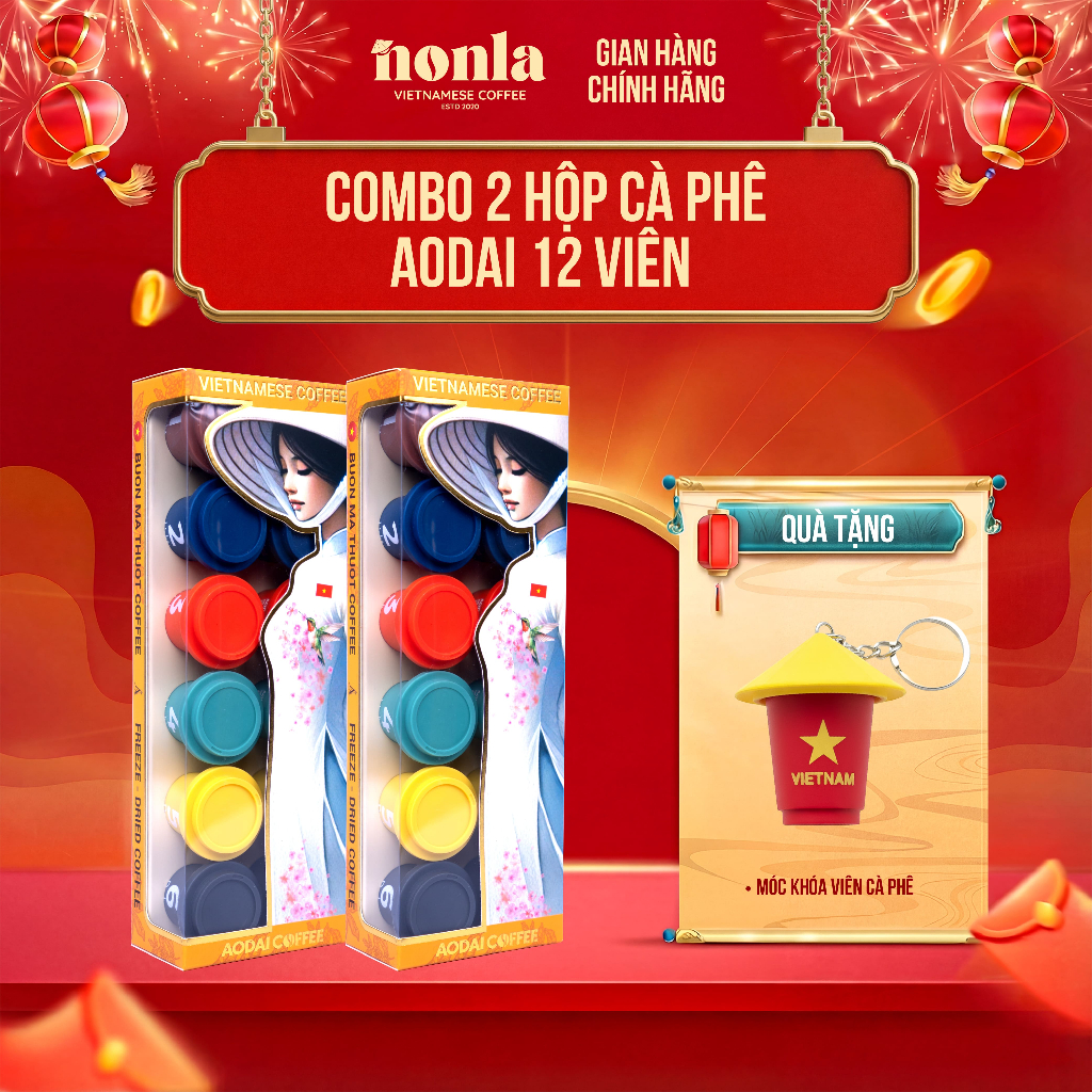 2 Hộp 12 Viên Cà Phê Hòa Tan Sấy Thăng Hoa Nguyên Chất AODAI COFFEE Từ Hạt Cafe Robusta 6 Cấp Độ vị