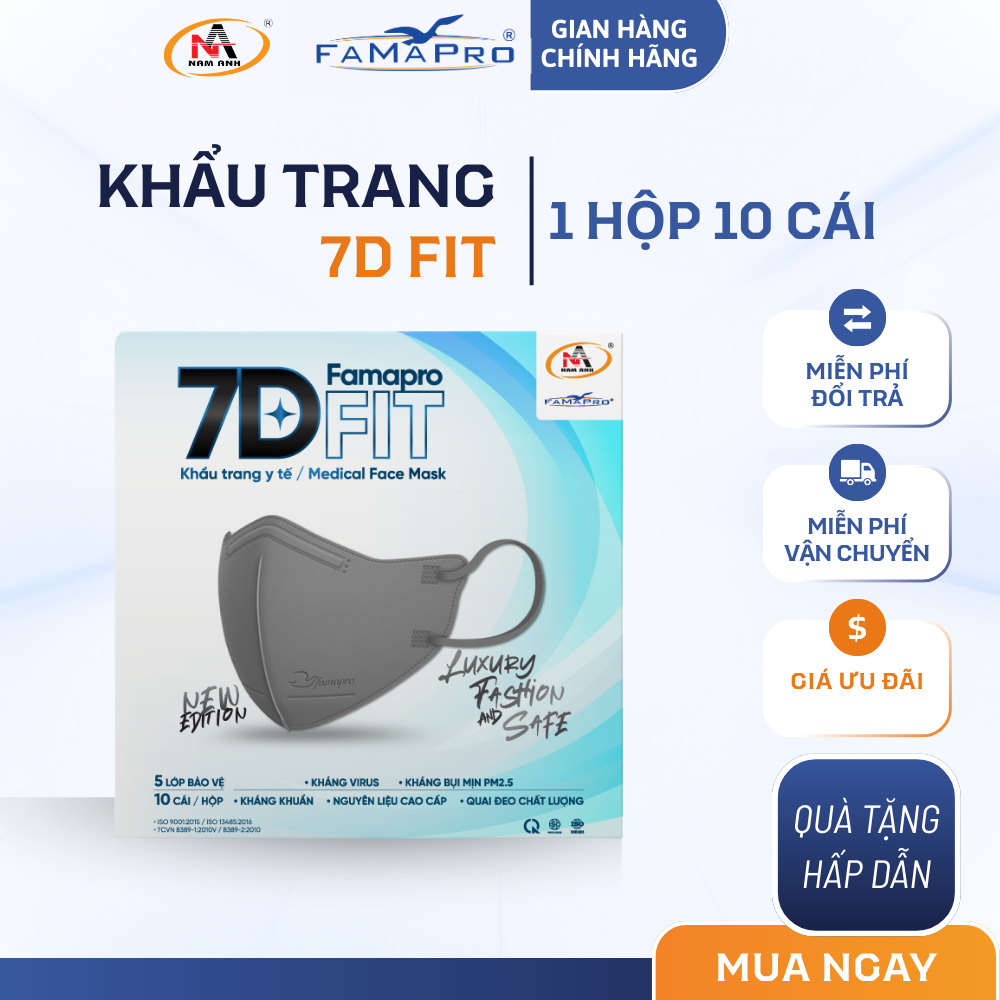 [Hộp 10 cái ] Khẩu trang y tế cao cấp 5 lớp Nam Anh Famapro 7D FIT