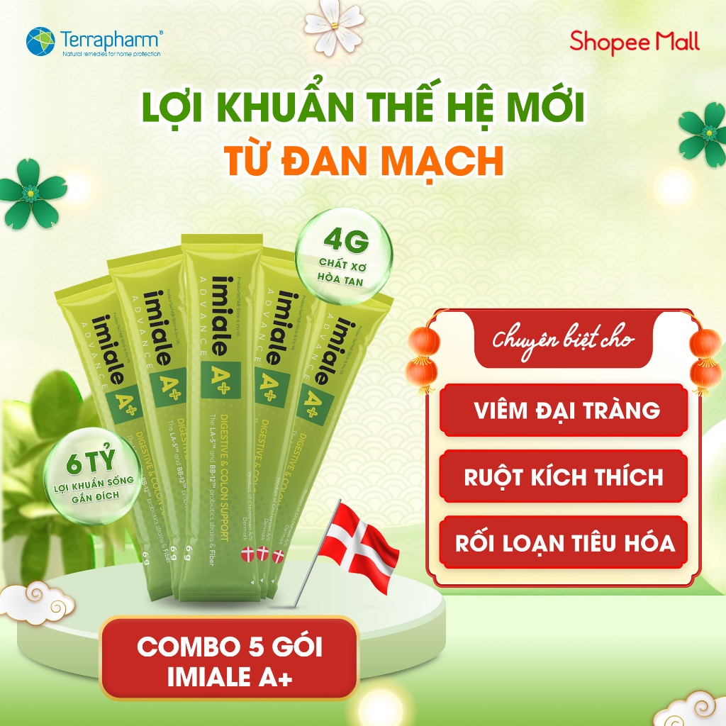 Lợi khuẩn sống, gắn đích IMIALE A+ Đan Mạch - 5 gói - hỗ trợ tiêu hóa, đại tràng, táo bón, tiêu chảy