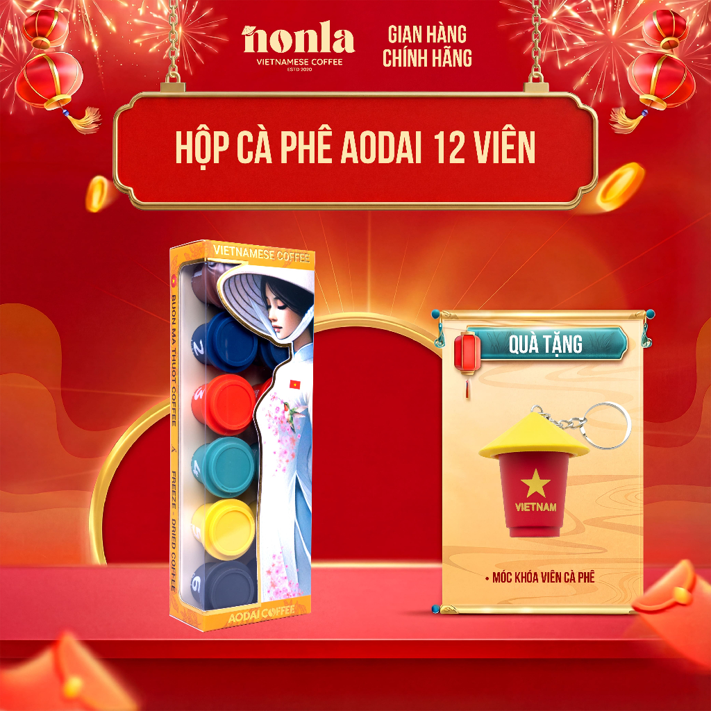 Hộp 12 Viên Cà phê Hòa Tan Sấy Thăng Hoa Nguyên Chất AODAI COFFEE Từ Hạt Cafe Robusta - 6 Cấp Độ Vị