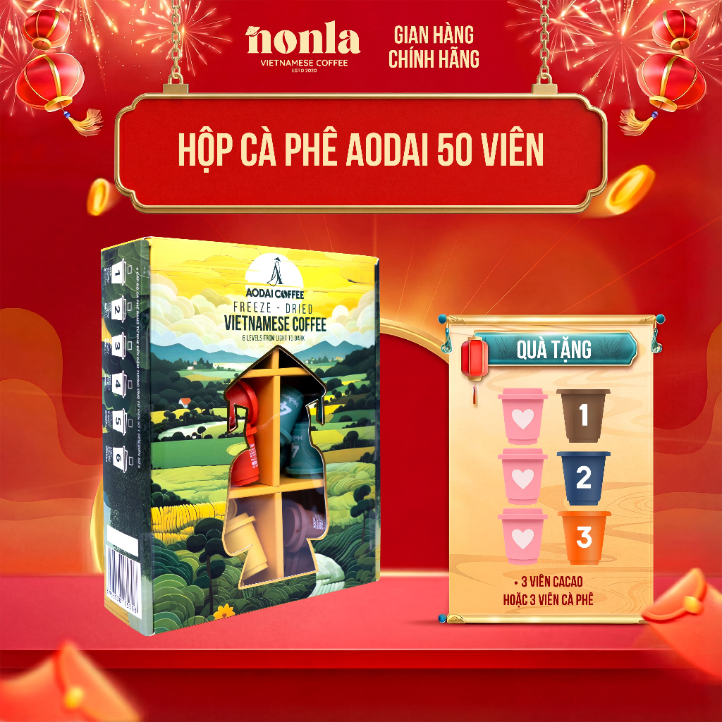 Hộp 50 Viên Cà Phê Hòa Tan Sấy Thăng Hoa Nguyên Chất AODAI COFFEE Từ Hạt Cafe Robusta - 6 Cấp Độ Vị