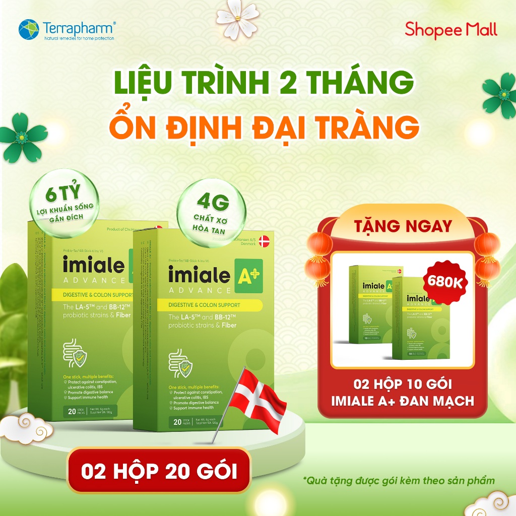 Bộ 2 Hộp Men vi sinh IMIALE A+ 20 gói - Chuyên biệt cho viêm đại tràng,hội chứng ruột kích thích