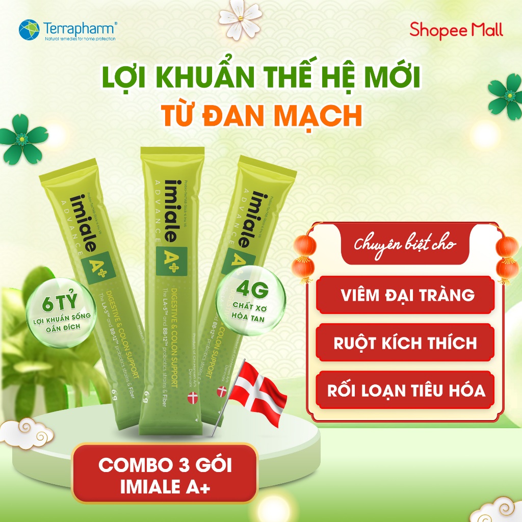 Lợi khuẩn sống, gắn đích IMIALE A+ Đan Mạch - 3 gói - hỗ trợ tiêu hóa, đại tràng, táo bón, tiêu chảy