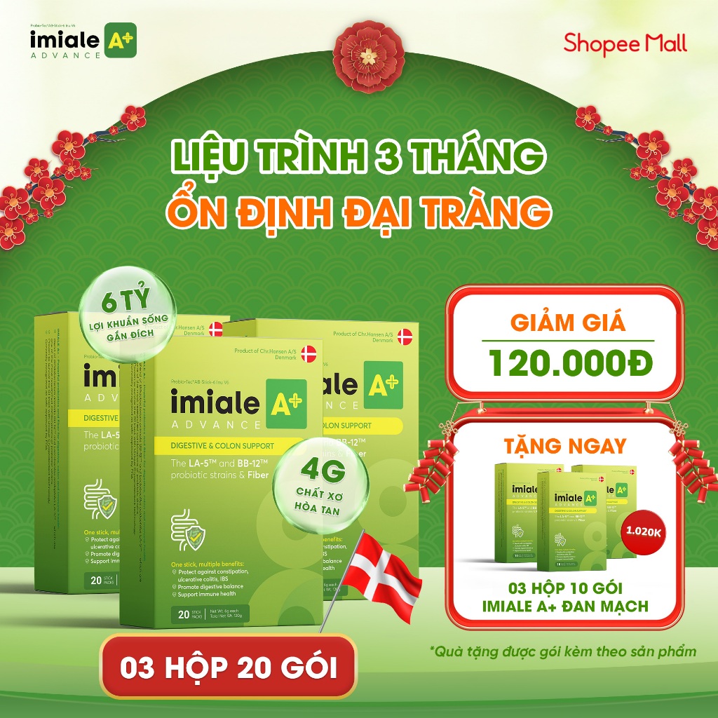 Bộ 3 Hộp 20 gói Men vi sinh IMIALE A+ Đan Mạch - Lộ trình 3 tháng cho viêm đại tràng, hội chứng ruột