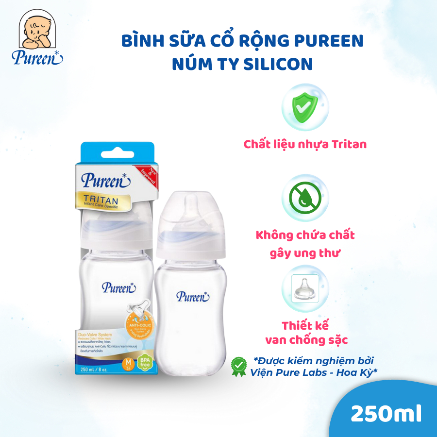Bình sữa cổ rộng Pureen núm ty silicon - 250ml