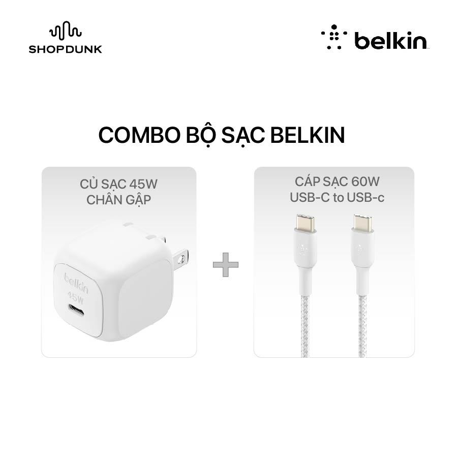 Combo Củ sạc nhanh 45W Belkin + Cáp sạc nhanh USB Type C - C 60W vỏ dù