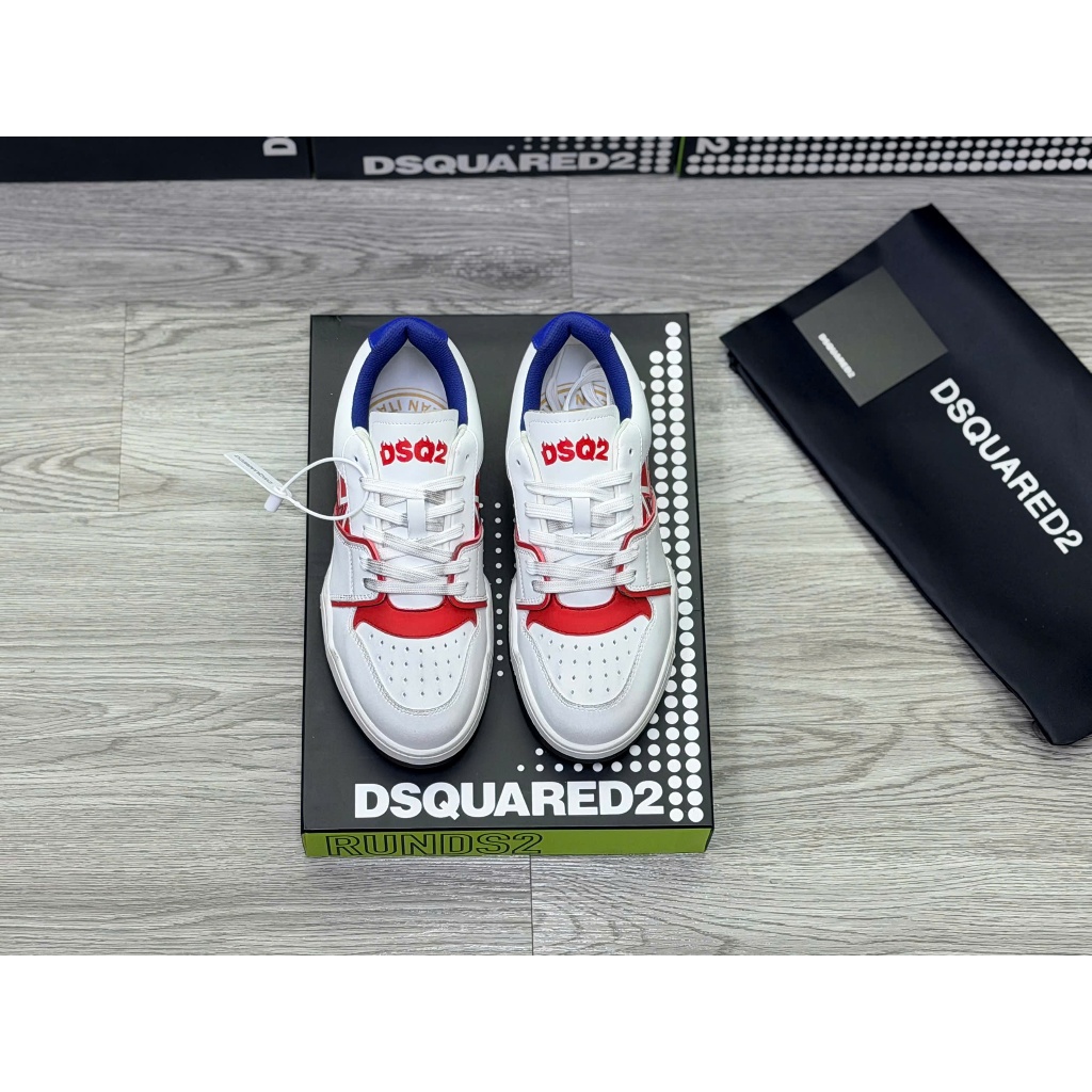 Giày dây Snk Dsquared2 màu trắng dệt vân chữ màu đỏ monogram thêu vạch sọc ngang quai đế cói pha cao