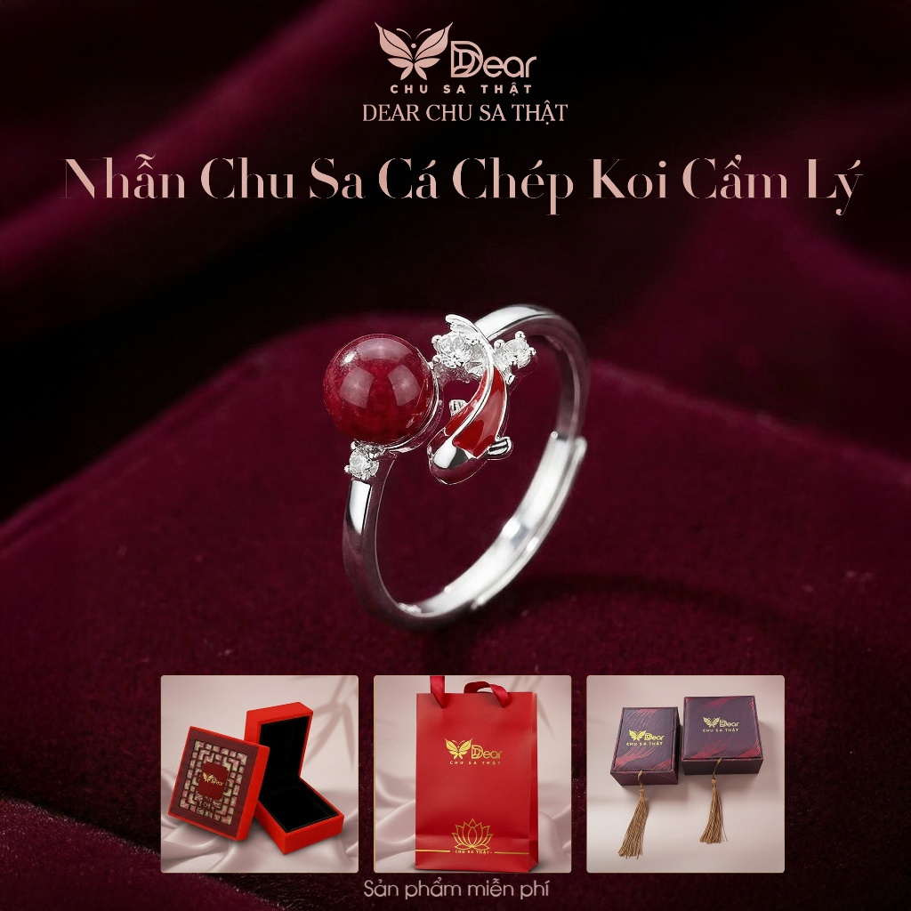 Nhẫn Chu Sa Tinh Thể Sa Cá Chép Bạc Trang Sức Đá Quý Cao Cấp, Chu Sa Tự Nhiên, Phong Cách Thanh Lịch