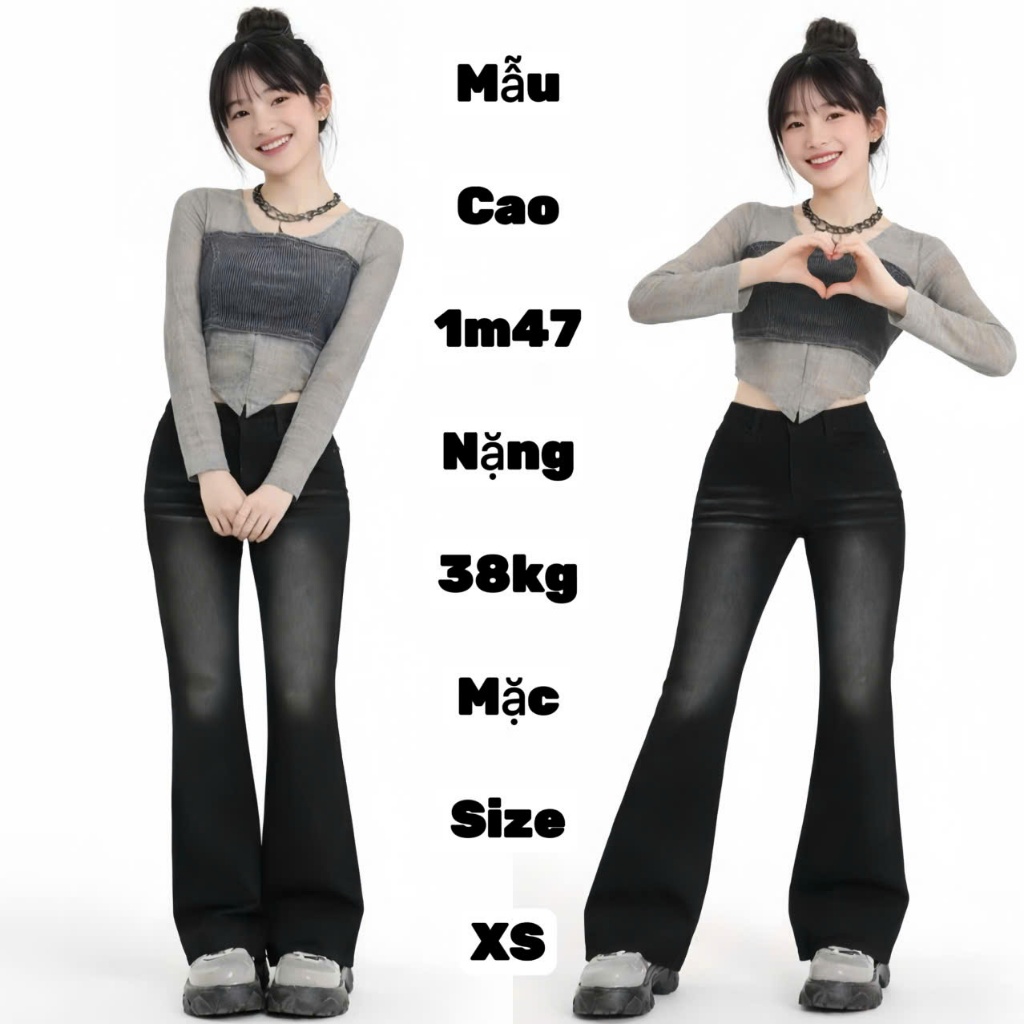 (Sẵn- NẤM LÙN SIZE NHỎ) Quần Jean Nấm Lùn Ống Loe 9 Tấc 90cm Co Giãn Lưng Cao Màu Đen Xám Khói Bụi 1