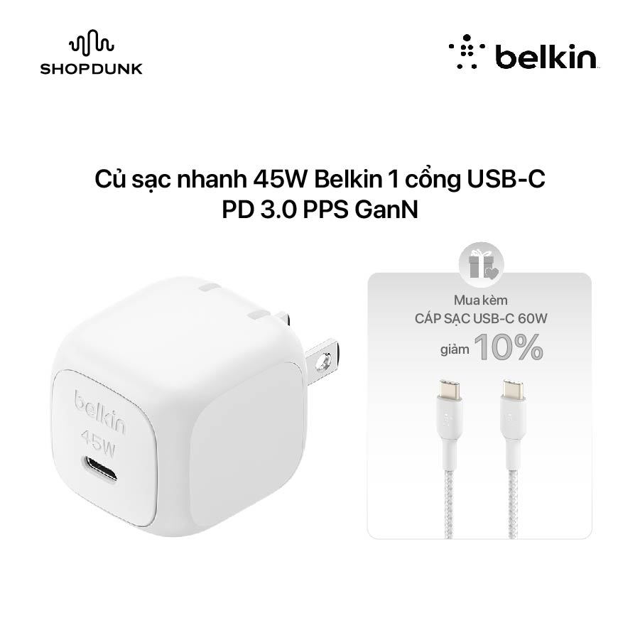 Củ sạc nhanh 45W Belkin 1 cổng USB-C, PD 3.0 PPS GanN - Màu trắng chính hãng