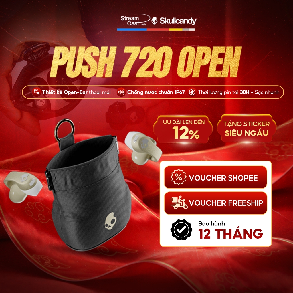 [THƯƠNG HIỆU MỸ] Tai nghe Bluetooth Open-Ear SKULLCANDY PUSH 720 OPEN | Pin 30 giờ, Kháng nước