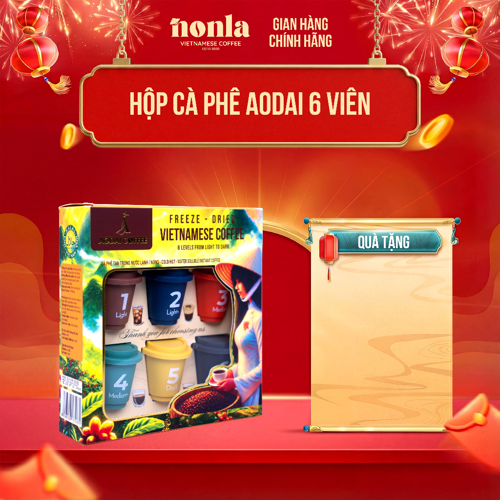 Hộp 6 Viên Cà Phê Hòa Tan Sấy Thăng Hoa Nguyên Chất AODAI COFFEE Từ Hạt Cafe Robusta - 6 Cấp Độ vị