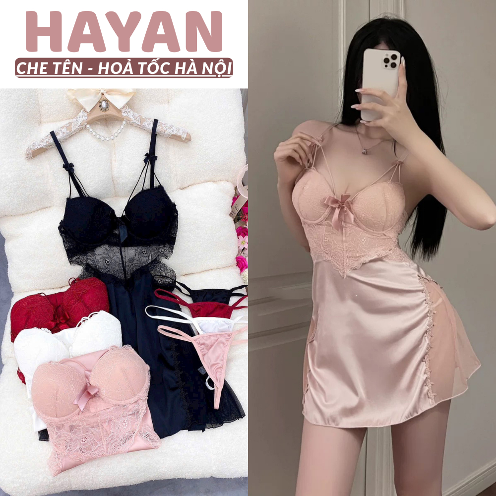 Váy ngủ sexy 2s lụa phối ren triết eo có GỌNG kèm ĐỆM LÓT, phối ren hông tôn dáng gợi cảm HT181