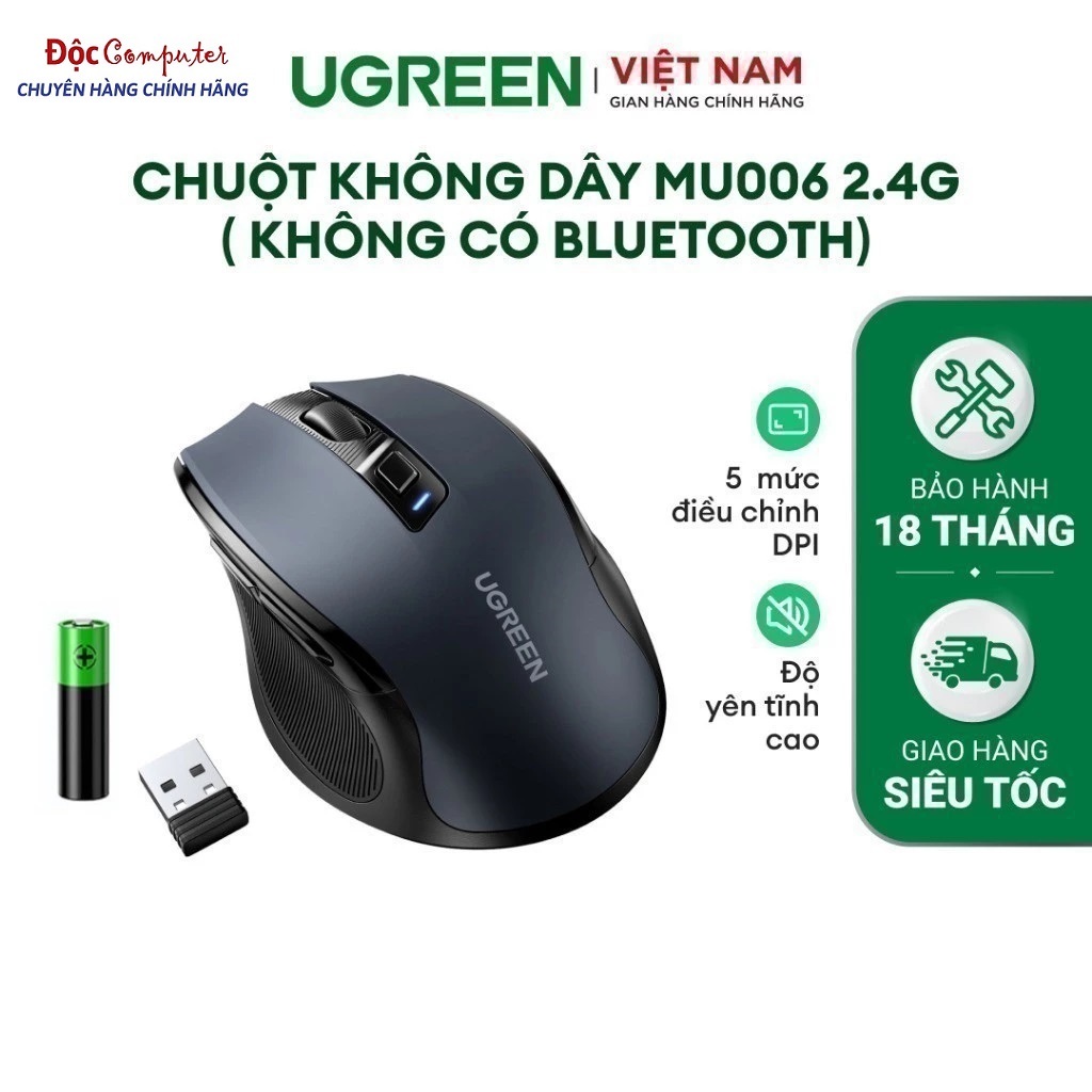Chuột không dây chính hãng MU006 Ugreen 15063 Ultra Silent Click 2.4Ghz, Chuột công thái học 5 cấp đ
