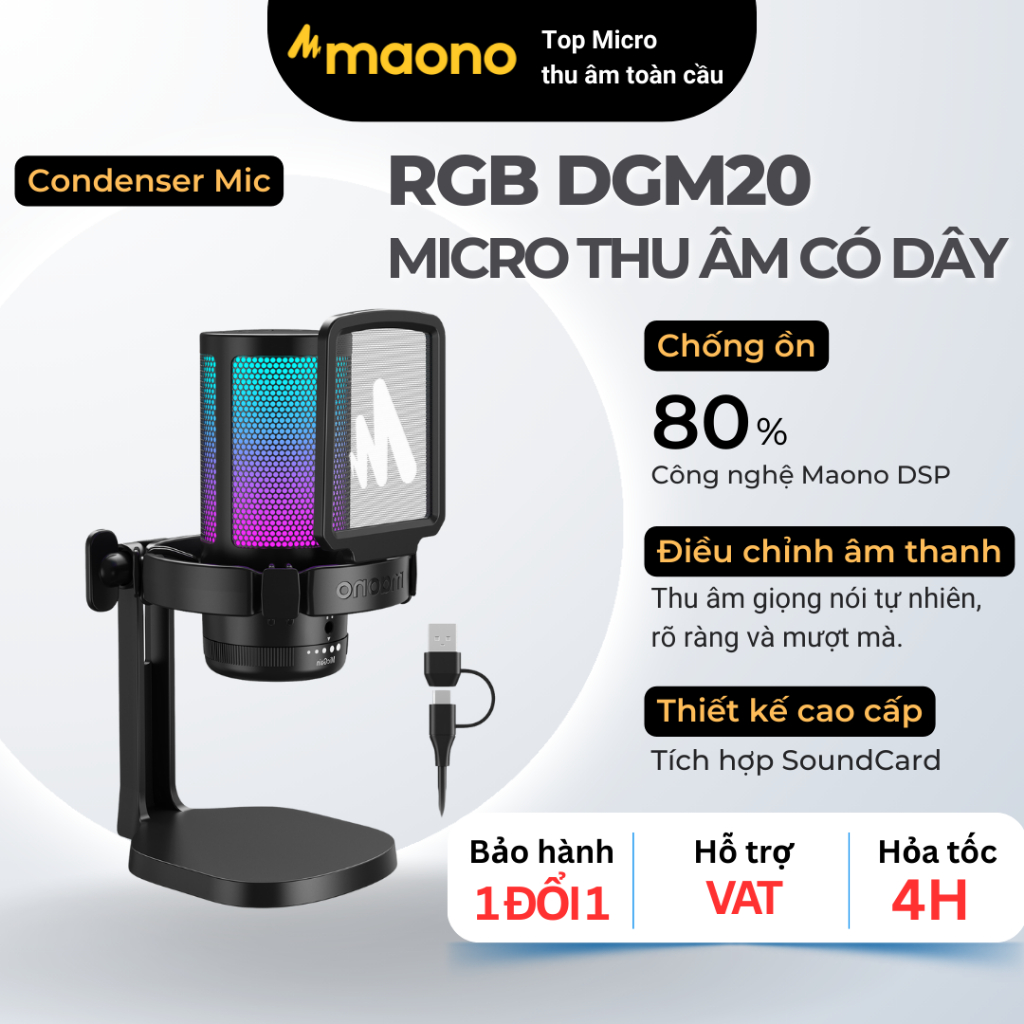 Micro thu âm MAONO DGM20 RGB USB Condenser với độ điều chỉnh lớn/chức năng thiết lập phần mềm cho PC/game/livestream