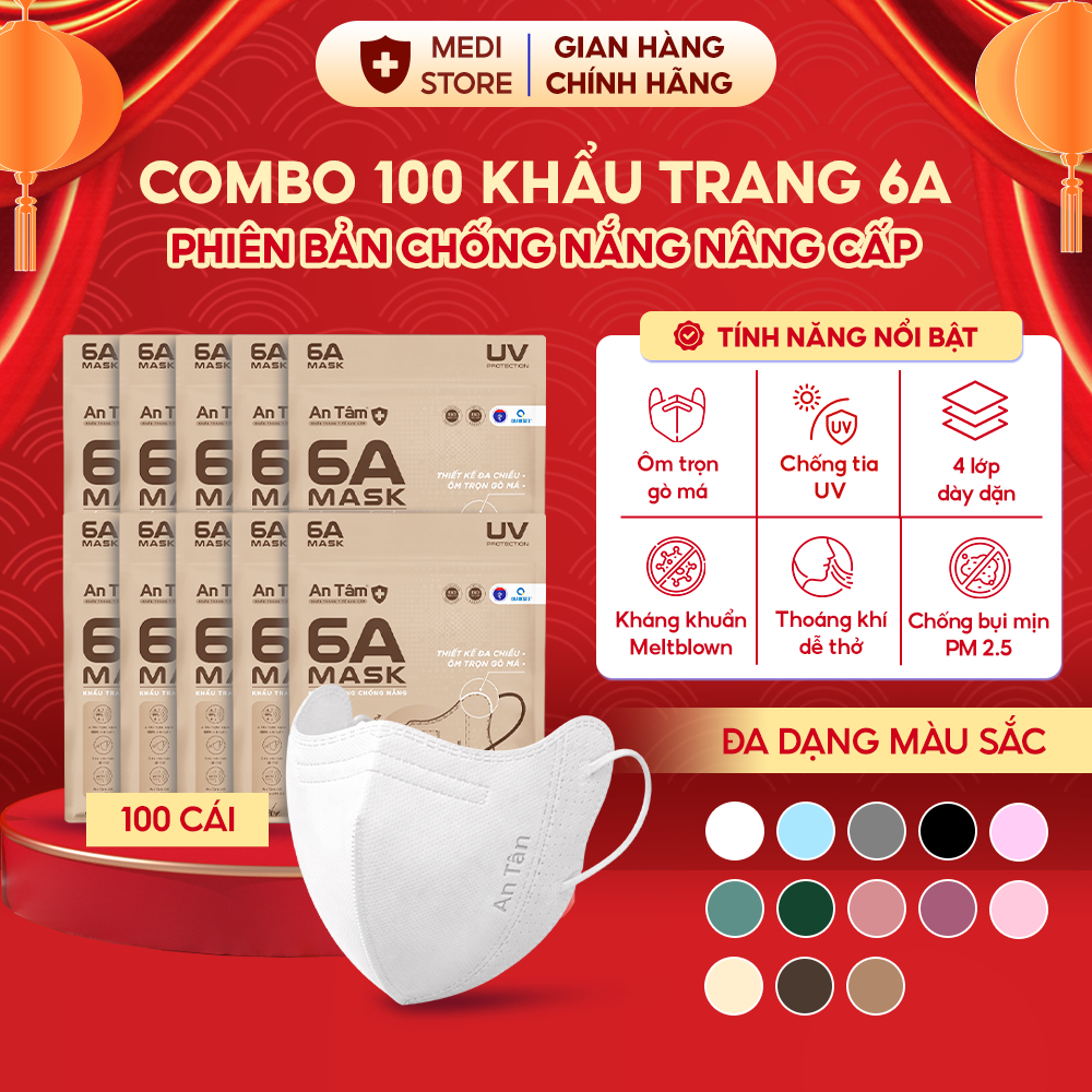 Set 100 chiếc khẩu trang 6A An Tâm chống nắng chính hãng 4 lớp kháng khuẩn kiểu dáng thời trang
