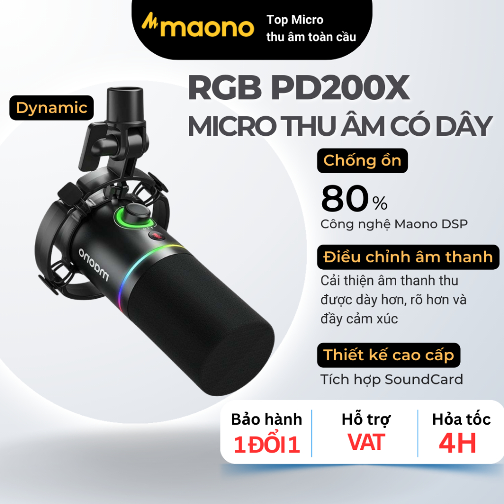 Micro Maono PD200X Podcast chế độ kép USB/XLR đèn RGB và phần mềm điều chỉnh cho PC/ điện thoại/ Liv
