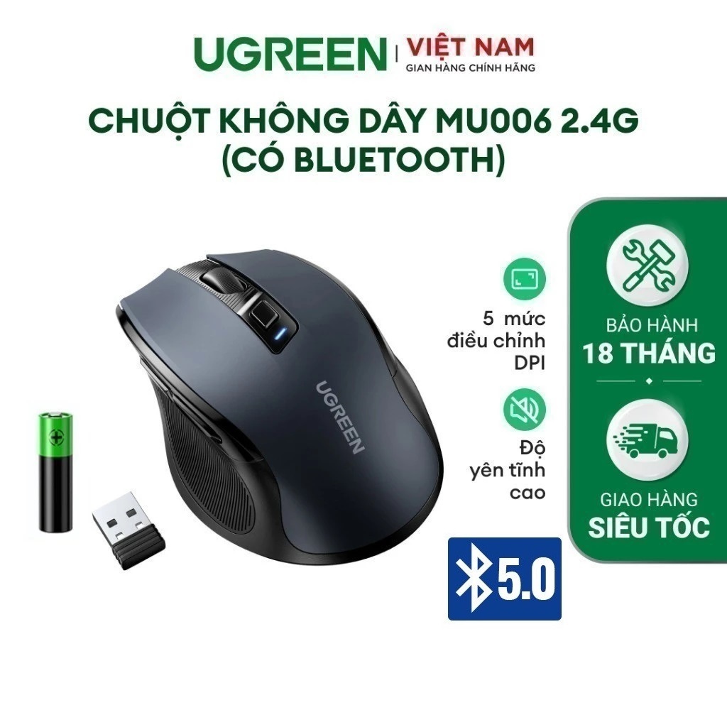 Chuột không dây + Bluetooth 5.0 chính hãng MU006 Ugreen Chế Độ Kép Chuột Ergonomic 4000 DPI | 6 Nút 