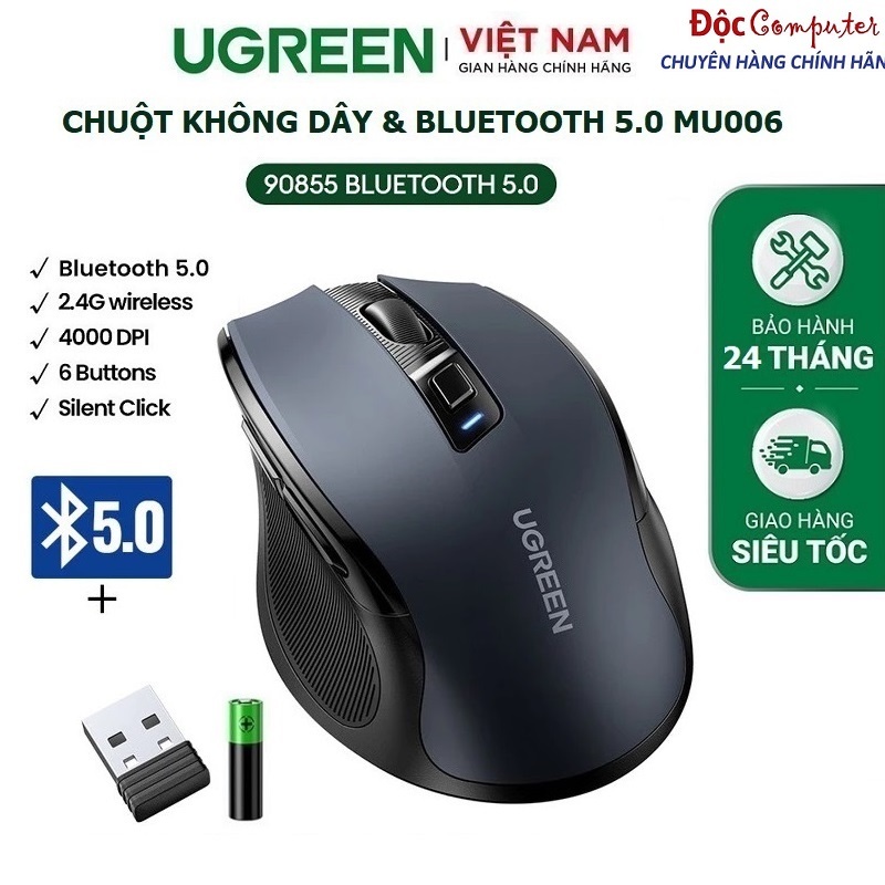 Chuột không dây chính hãng MU006 Ugreen 90855 cao cấp 2.4Ghz Silent Click + Bluetooth 5.0 dùng cho m