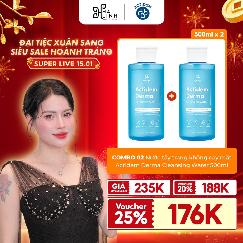 [VHL x Actidem] COMBO 2 Nước tẩy trang không cay mắt Actidem Derma Cleansing Water 500mlx2