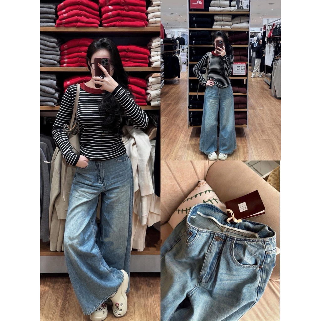𝙥𝙝𝙞𝙚𝙣 / (Sẵn M) W7137 Quần Jean Ống Loe Rộng Màu Xanh Cạp Cao Dài 95-97cm