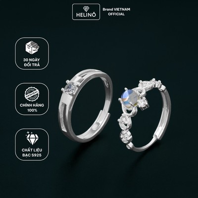 (Tặng Hộp) Nhẫn Bạc Đôi HELINO Đính Đá Moonstone Vương Miện Tim Bạc S925 Tự Điều Chỉnh Size ND02