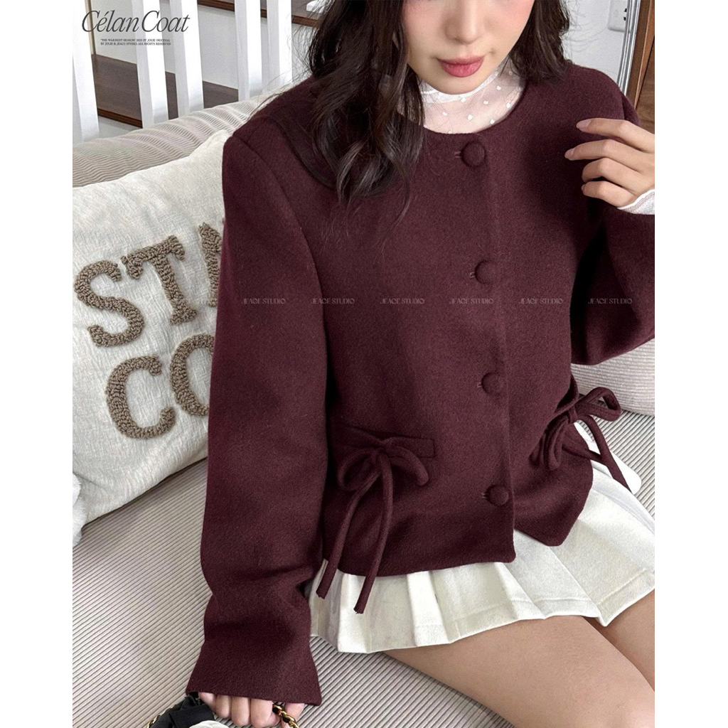 Áo khoác dạ ép cao cấp Celan Coat cổ tròn dáng ngọn điểm nơ túi sang trọng By Jolie Jeace Studio