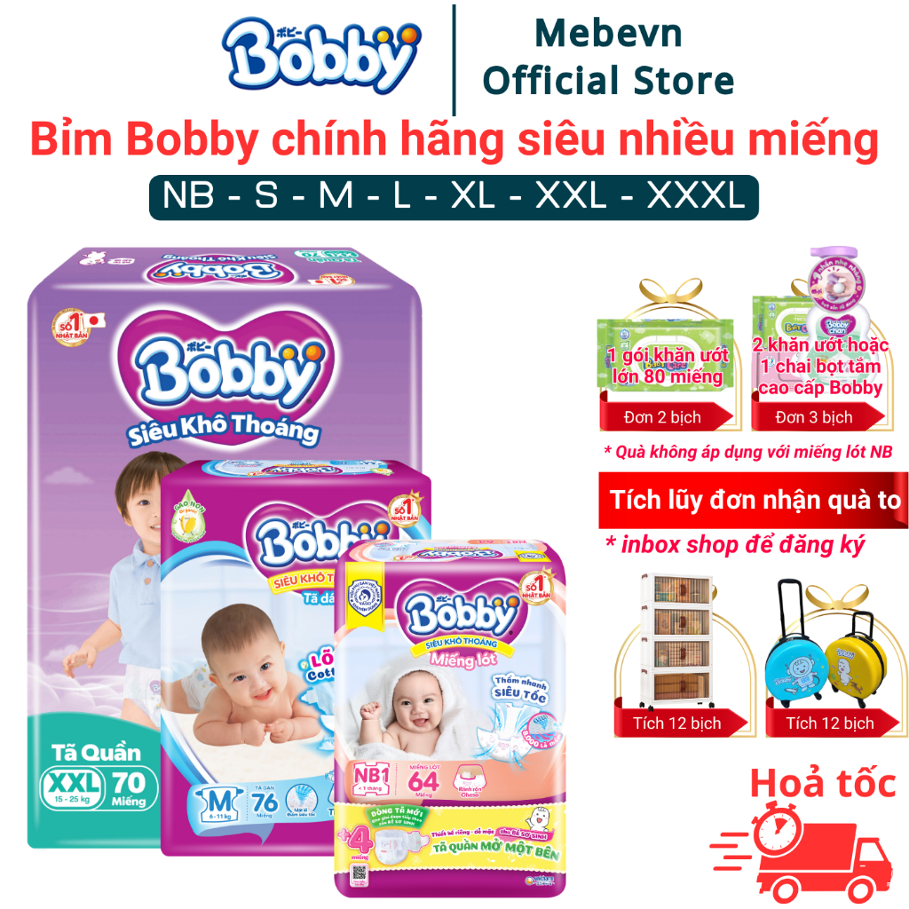 Bỉm Bobby chính hãng Ultra+ siêu nhiều miếng, tã quần Bobby siêu khô thoáng đủ size tã Dán/Quần